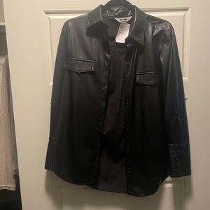 Black faux leather button down jacket
